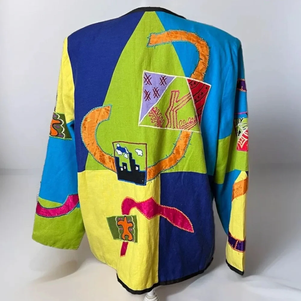 Womens Patchwork Indigo Moon embroidered jacket size L Flax  Bohemian Art - Picture 2 of 5